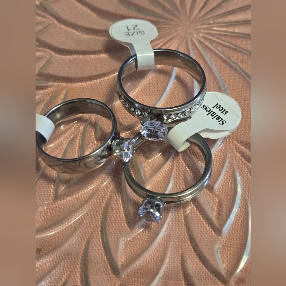 Silver Tone Rings with Clear Gemstones